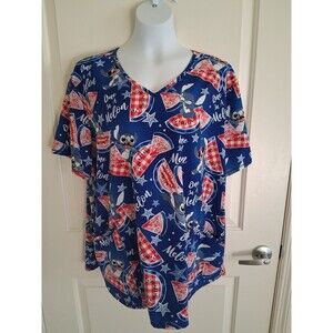 Disney Lilo & Stitch Women's Print Scrub Top Size 3XL Blue Watermelon